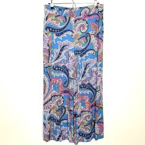 Ralph Lauren Women Knit Wide Led  Pants Sz M Petite Blue Paisley Boho Pull On